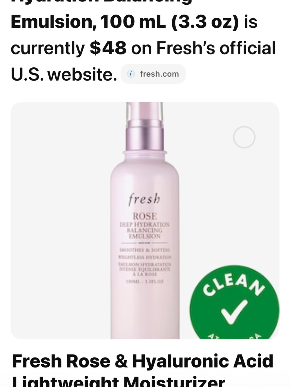 fresh Rose Deep Hydration Emulsion - Pale Pink Bottle No box NEW